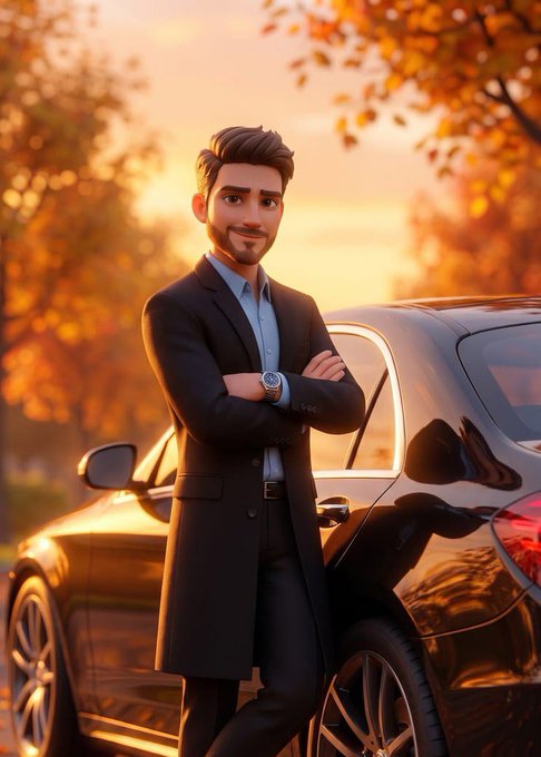 Stylized 3D animated illustration of a bearded man in a dark suit with crossed arms, wearing a wristwatch, standing confidently next to a black sports car at sunset with autumn trees in the background.