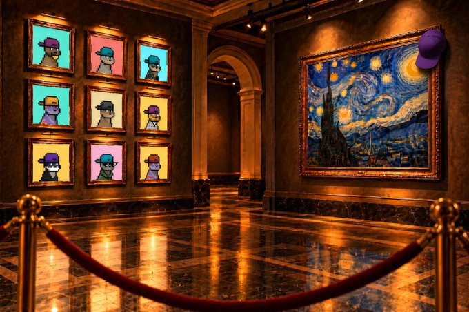 An elegant art gallery interior displaying a grid of nine colorful CryptoPunk portraits and Van Gogh's 'Starry Night', with a red velvet rope barrier in the foreground.