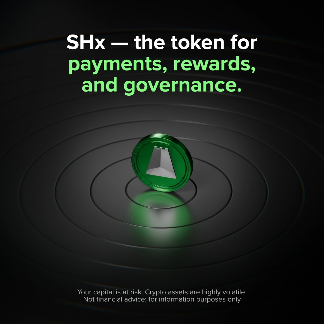 The image features a green coin placed on top of a black circle with white lines. The text above the coin reads "SHx - the token for payments, rewards, and governance." Below the coin, there's some text that says "Your capital is at risk. Cryptocurrency assets are highly volatile. Not financial advice. For information purposes only".