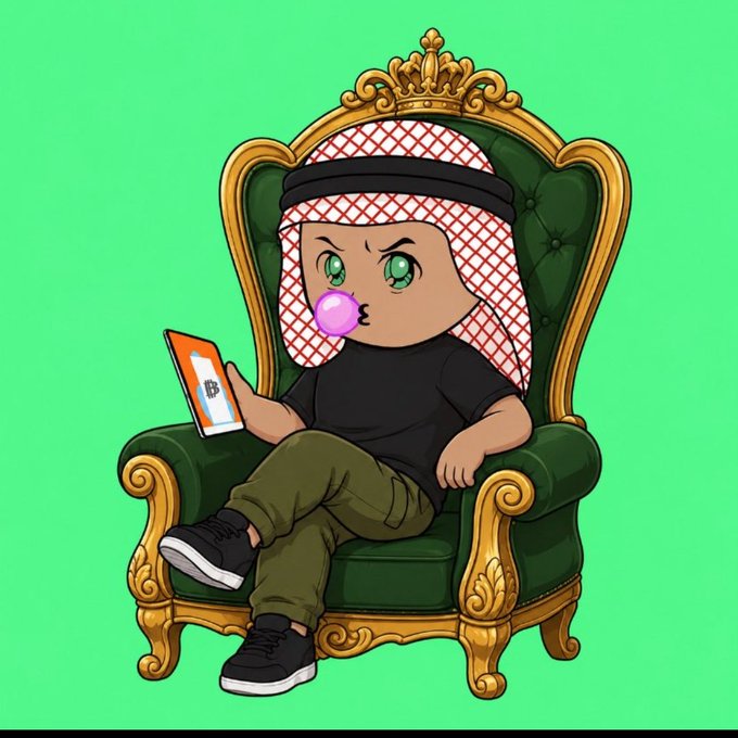 A cartoon character dressed as a Saudi prince with a red and white keffiyeh, sitting on a green and gold throne while looking at a smartphone displaying a Bitcoin wallet.
