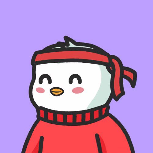 A cartoon illustration of a cute white chick character with closed smiling eyes and a red headband, wearing a red sweater against a purple background.