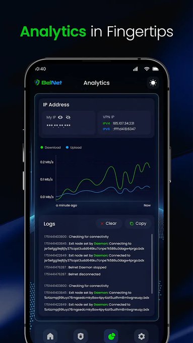 A mobile app screenshot for 'BelNet' showing an 'Analytics in Fingertips' dashboard with IP addresses (IPv4 and IPv6), download/upload speed graphs, and connection logs.