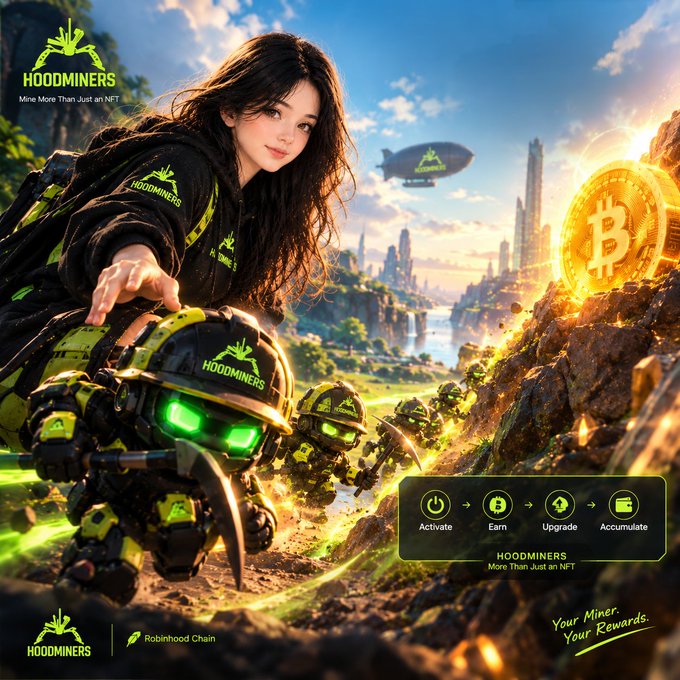 A promotional graphic for 'HOODMINERS' features an anime-style woman with green-themed robotic miners, showing steps to Activate, Earn, Upgrade, and Accumulate, with the tagline 'Mine More Than Just an NFT' alongside the Robinhood Chain logo.