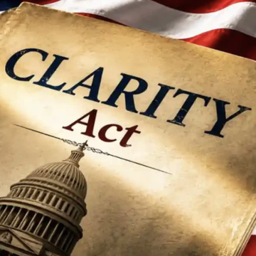 A vintage-style graphic displays the words "CLARITY Act" on aged parchment, with an illustration of the U.S. Capitol dome beneath it and an American flag in the background, visually reinforcing the image's connection to the legislative pushback led by 18 state attorneys general opposing the bill ahead of a key Senate vote.