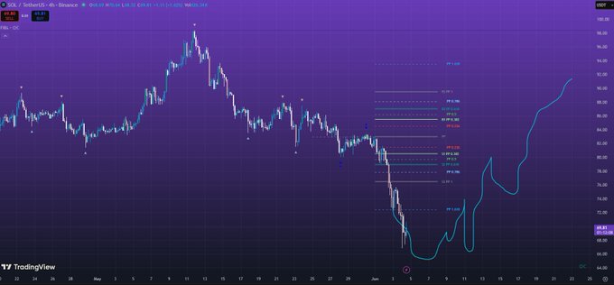 This image features a stock graph with a purple and black gradient. The line has various slopes and points along its length, indicating an active trade or transaction taking place. A user named "start" has recently purchased a stock called $SOL under $70, likely at a low price point, as the term for which the data is provided suggests that it was acquired within the past 7 days. The graph indicates this short-term activity and the start of the trading process with the stock priced below its current value.