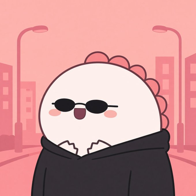 A cute cartoon illustration of a round white character with scalloped edges along its head, wearing dark sunglasses and a black hoodie, set against a pink cityscape background.