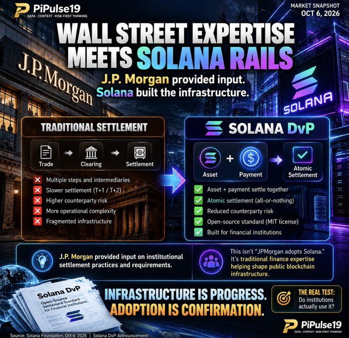 A PiPulse19 market snapshot infographic from October 6, 2026, titled 'Wall Street Expertise Meets Solana Rails,' detailing how J.P. Morgan provided institutional input while Solana built the infrastructure for delivery-versus-payment (DvP) settlement, contrasting traditional multi-step settlement with Solana's atomic settlement.