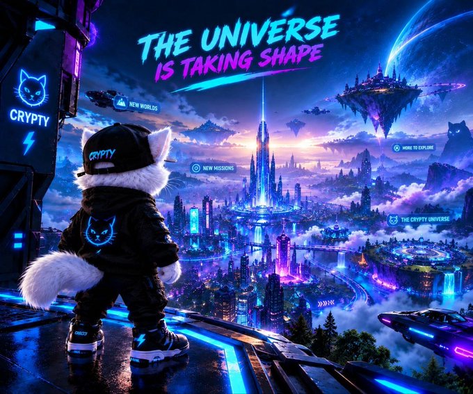 Futuristic gaming/marketing graphic titled 'THE UNIVERSE IS TAKING SHAPE' featuring an anthropomorphic fox character wearing 'CRYPTY' branded clothing, overlooking a neon cyberpunk cityscape with floating islands.