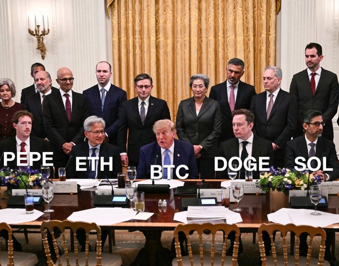 An edited photo of a White House cabinet meeting with cryptocurrency ticker labels (PEPE, ETH, BTC, DOGE, SOL) placed over the attendees, including Donald Trump and Elon Musk.