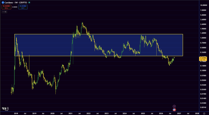 A weekly candlestick price chart of Cardano against USDT (CRYPTO), showing a long-term downtrend with a highlighted yellow rectangle around the 0.3–1.0 price range.