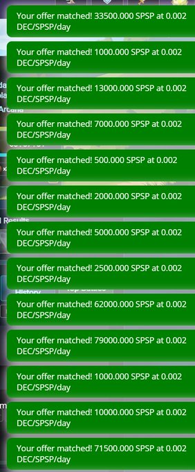 A screenshot of multiple chat messages showing 'Your offer matched!' notifications with various SPSP amounts at 0.002 DEC/SPSP/day rates.