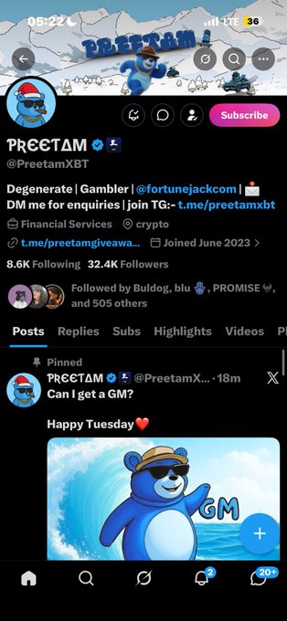 A Twitter/X profile for @PreetamXBT showing a 'Can I get a GM? Happy Tuesday' post with a blue bear avatar, displaying 32.4K followers.