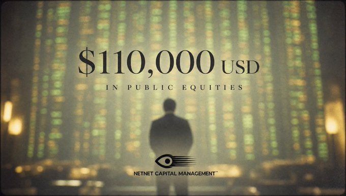 A silhouette in a suit stands before a glowing wall of stock tickers, with the text "$110,000 USD IN PUBLIC EQUITIES" and the "NETNET CAPITAL MANAGEMENT" logo overlaid. The image illustrates the accompanying post's announcement that NetNet Treasury's public equities holdings have surpassed $110,000 USD, positioning them as a major RWA holder on Robinhood Chain.
