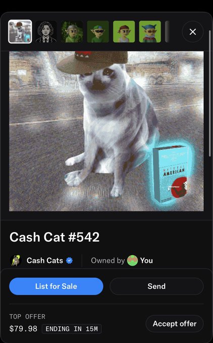A digital collectible listing titled 'Cash Cat #542' shows a cat wearing a brown hat sitting beside a glowing 'American' cigarette pack, listed with a top offer of $79.98 ending in 15 minutes.