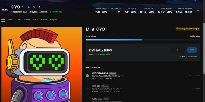 A crypto minting page for the KIYO token on Solana, showing an early bird mint schedule starting August 27 and a pixel-art robot mascot with green digital eyes.