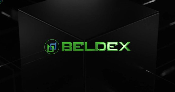 The image displays the Beldex logo (a stylized "B" icon next to the green "BELDEX" text) prominently featured on a dark, 3D cube background. This branding ties directly to the post's discussion of @BeldexCoin's BNS (Beldex Name Service), which aims to simplify web3 by replacing complex wallet addresses with easy-to-remember names across the ecosystem.