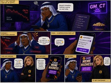 Comic-style meme panel featuring two characters discussing crypto investments, with visible text including 'GTA 6', 'MEME MADNESS', and '$500,000', alongside a 'GM CT' panel and market charts.