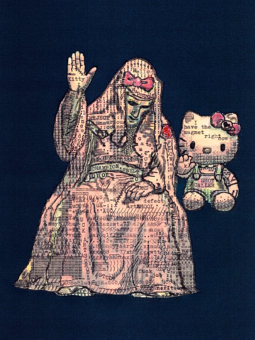 An artistic t-shirt design on a navy background depicting a figure made of computer code with a Hello Kitty plush, featuring the text 'kitty' and 'I have the magnet right now.'