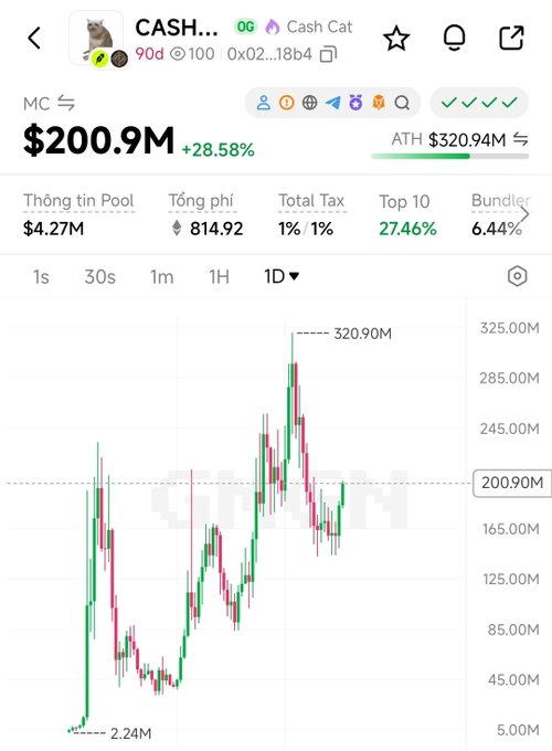 Cryptocurrency chart for token CASH (Cash Cat) on BNB Chain showing a market cap of $200.9M (+28.58%), an ATH of $320.94M, with pool info and a candlestick chart over a 1-day timeframe.