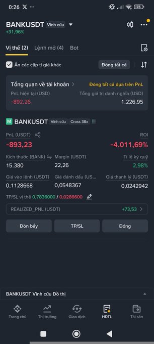 A cryptocurrency trading app screenshot shows a futures position on the BANK/USDT pair with a significant unrealized loss of -$893.23 and a ROI of -4,011.69%.