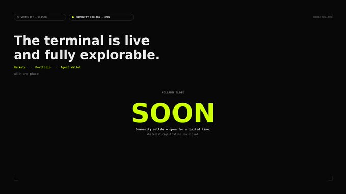 A dark webpage with the text 'The terminal is live and fully explorable.' and a large green 'SOON' indicating 'Community collabs - open for a limited time.'