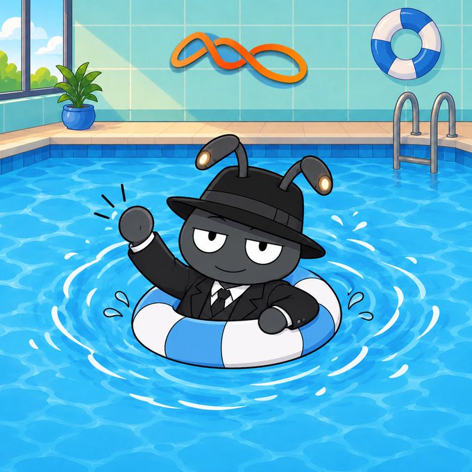 A cartoon mascot character wearing a black hat and suit floats in a swimming pool on a blue and white life ring, with the NeoSoul infinity logo displayed on the wall behind.