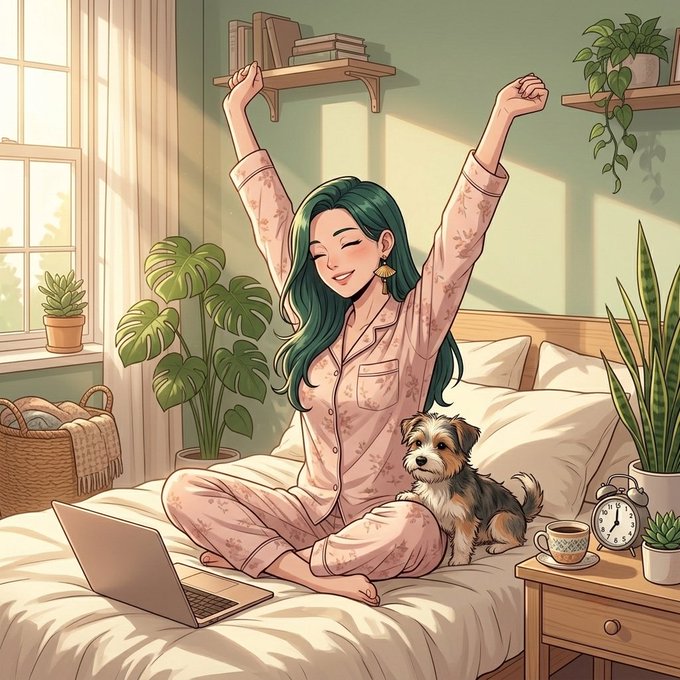 An illustrated scene of a smiling woman with green hair in pajamas stretching in bed with her arms up, accompanied by a small dog, plants, and a laptop, in a cozy sunlit bedroom.
