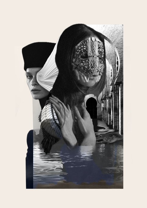 A surreal black-and-white collage featuring a figure in a nun-like habit beside a face covered by an ornate jeweled mask, with hands clasped over water and architectural elements in the background.