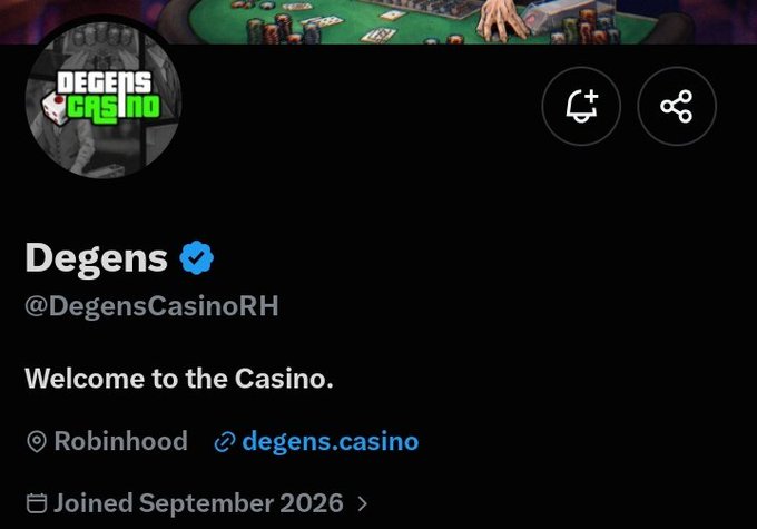 A Twitter/X profile page for the account 'Degens' (@DegensCasinoRH) with the display name 'Degens Casino', bio reading 'Welcome to the Casino.', location 'Robinhood', and link to degens.casino.
