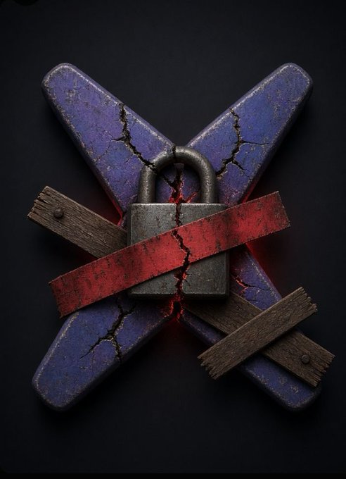 A 3D rendered 'X' logo in cracked purple, secured by a padlock with a red strap and wooden planks, emitting a faint red glow.