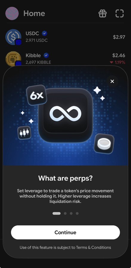 A mobile app screenshot showing a crypto trading interface with USDC at $2.97 and Kibble at $2.46 (-1.19%), featuring a popup titled 'What are perps?' explaining leverage trading with 6x leverage indicated.