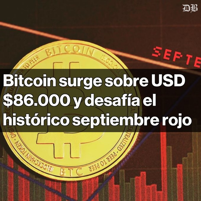 A financial news graphic from 'B' (Beeper) showing a large gold Bitcoin coin with the headline 'Bitcoin surge sobre USD $86.000 y desafía el histórico septiembre rojo' (Bitcoin surges above USD $86,000 and challenges the historic red September).