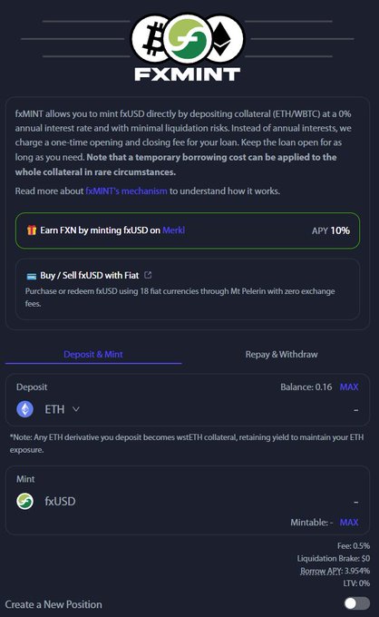 A screenshot of the fxMINT platform explaining how to mint fxUSD by depositing ETH/WBTC as collateral, showing options to 'Earn FXN by minting fxUSD on Merkl' with 10% APY and 'Buy / Sell fxUSD with Fiat'.