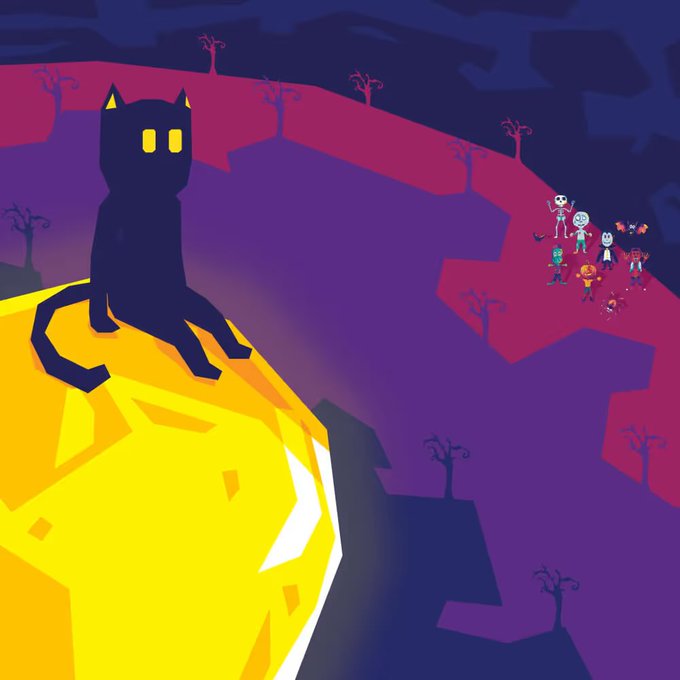Video game artwork showing a stylized black cat with glowing yellow eyes sitting on a yellow glowing rock, overlooking a Halloween-themed landscape with costumed characters in the distance.