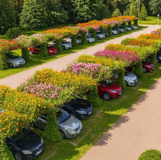 Aerial view of a parking lot where the spaces are covered with vibrant flowering plants in orange, pink, and yellow hues, with various cars parked beneath them.
