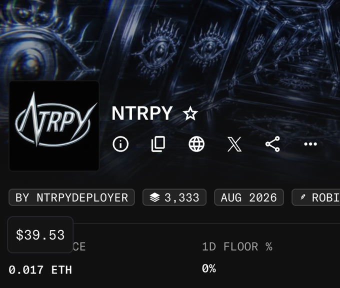The image displays a crypto NFT listing for "NTRPY" by NTRPYDEPLOYER, showing a price of $39.53 (0.017 ETH), with details including 3,333 supply, August 2026 mint date, and a 0% 1D floor. The post relates to the image by highlighting a successful automated acquisition of 58 NTRPY units using the ZAX FCFS bot service during a chaotic launch event.