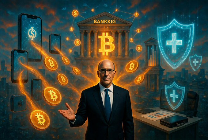 A digital illustration of a man in a suit surrounded by Bitcoin symbols, smartphones, and security shields, with a bank labeled 'BANKING' and a Bitcoin symbol in the background.