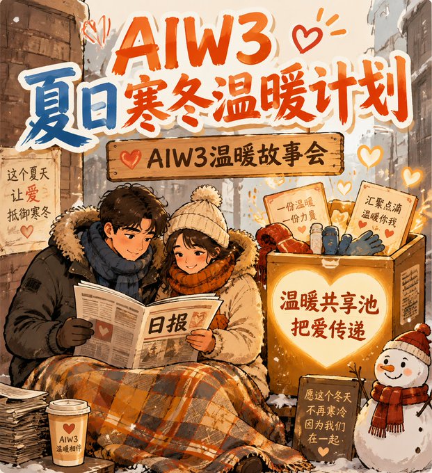 A Chinese promotional poster for 'AIW3' titled '夏日寒冬温暖计划' (Summer Winter Warmth Plan) depicting an anime-style couple reading a newspaper together with a snowman and a heart-decorated box.