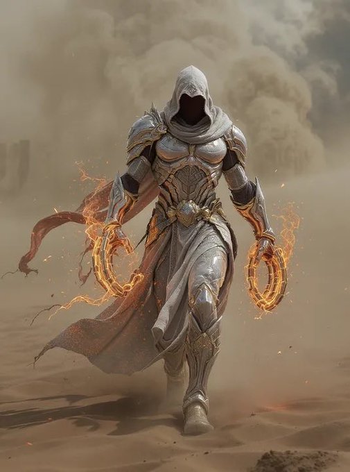 Fantasy digital artwork of a hooded, faceless warrior wielding flaming weapons while walking through a dusty desert landscape.