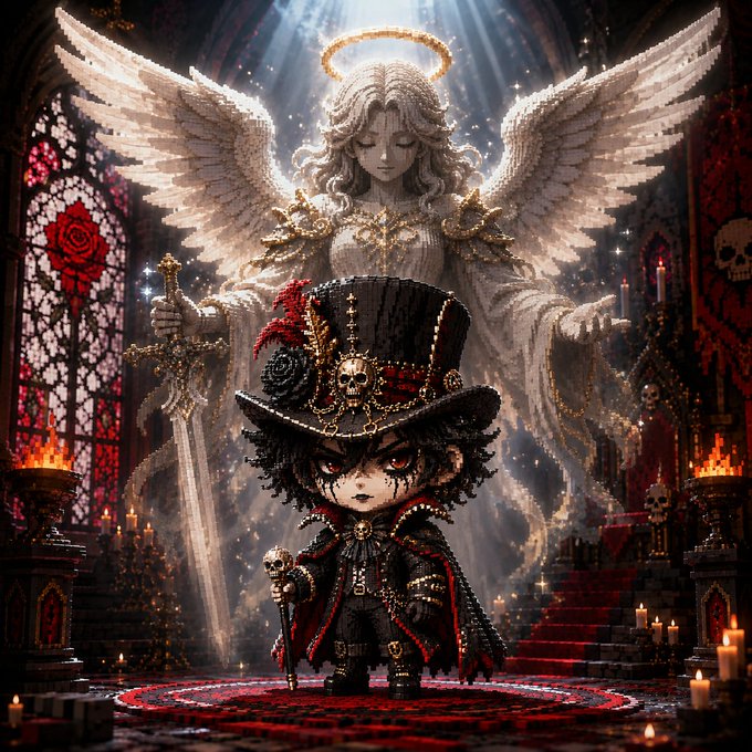 A pixel art illustration of a chibi-style dark character in a top hat with a skull, holding a cane, standing before a large white angel in a gothic cathedral setting.