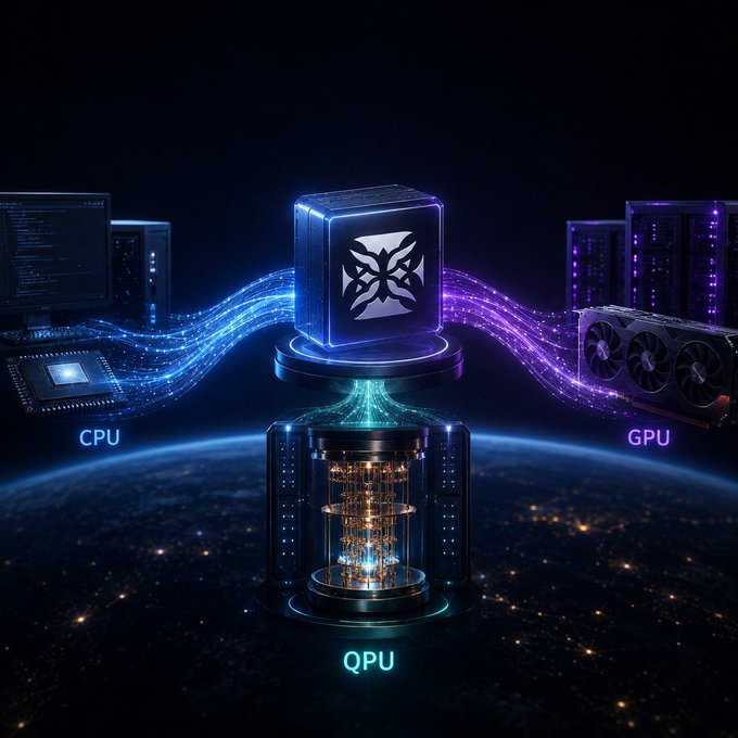 A futuristic digital illustration showing a central QPU (Quantum Processing Unit) cube connected by glowing blue and purple energy streams to a CPU on the left and a GPU on the right, set against a dark space backdrop with Earth below.