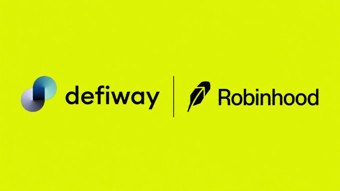 Bright yellow graphic featuring the logos of defiway and Robinhood side by side, separated by a vertical line.