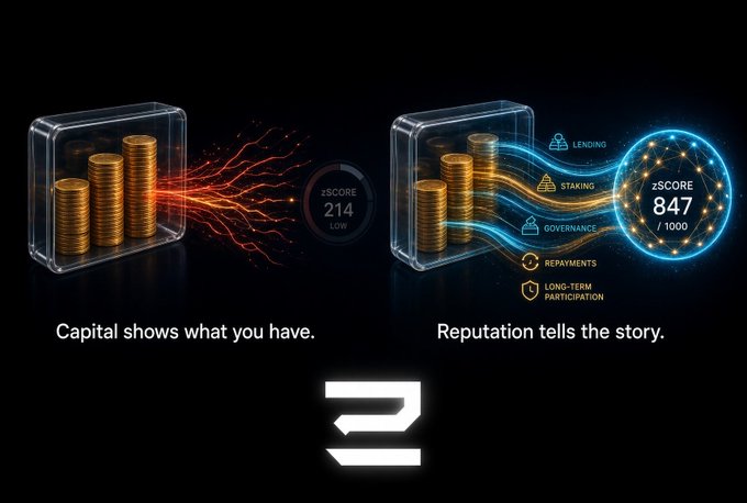 Crypto-themed graphic comparing two coin stacks: the left shows "Capital shows what you have" with a zScore of 214 (Low) in dark red, while the right shows "Reputation tells the story" with a zScore of 847/1000 in bright blue, listing factors like Lending, Staking, Governance, Repayments, and Long-Term Participation.