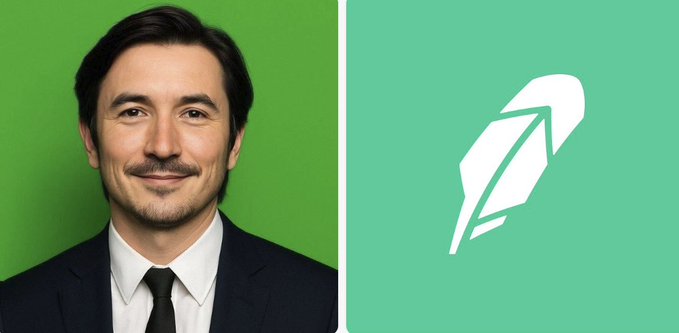 The image shows Robinhood CEO Vlad Tenev alongside the Robinhood feather logo on a green background, visually connecting him to the company's statement about tokenization making top financial assets accessible globally around the clock.
