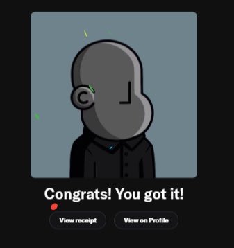 A digital receipt screen with a cartoon avatar illustration and the text 'Congrats! You got it!' along with buttons to 'View receipt' and 'View on Profile'.