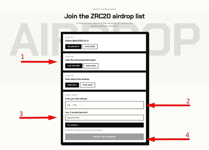 An instructional graphic titled 'Join the ZRC20 airdrop list' showing four numbered steps for submission.