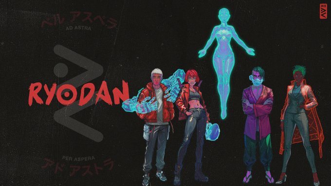 A stylized digital artwork titled 'RYODAN' depicts five characters and a glowing blue holographic figure against a dark background, with text 'AD ASTRA' and 'PER ASPERA' flanking a central 'W' logo.