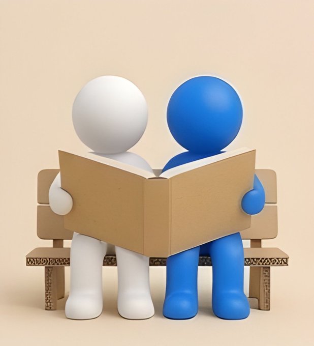 A 3D render of two generic humanoid figures, one white and one blue, sitting on a cardboard bench and reading a book together.