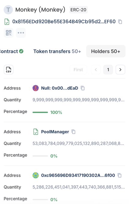 A cryptocurrency analytics screenshot showing token holders for 'Monkey (Monkey) ERC-20' with the top holder 'Null: 0x00...dEaD' controlling 100% of the supply with 9.99 quintillion tokens.