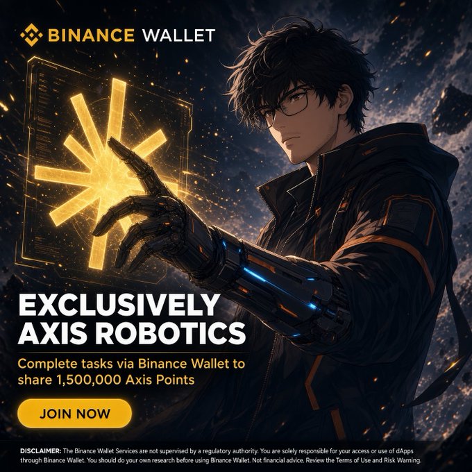 A Binance Wallet advertisement for "EXCLUSIVELY AXIS ROBOTICS" promoting a campaign where users complete tasks to share 1,500,000 Axis Points.